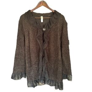 Black Single Button Fly Away Knit Cardigan Sweater Size XL with Chiffon Trim
